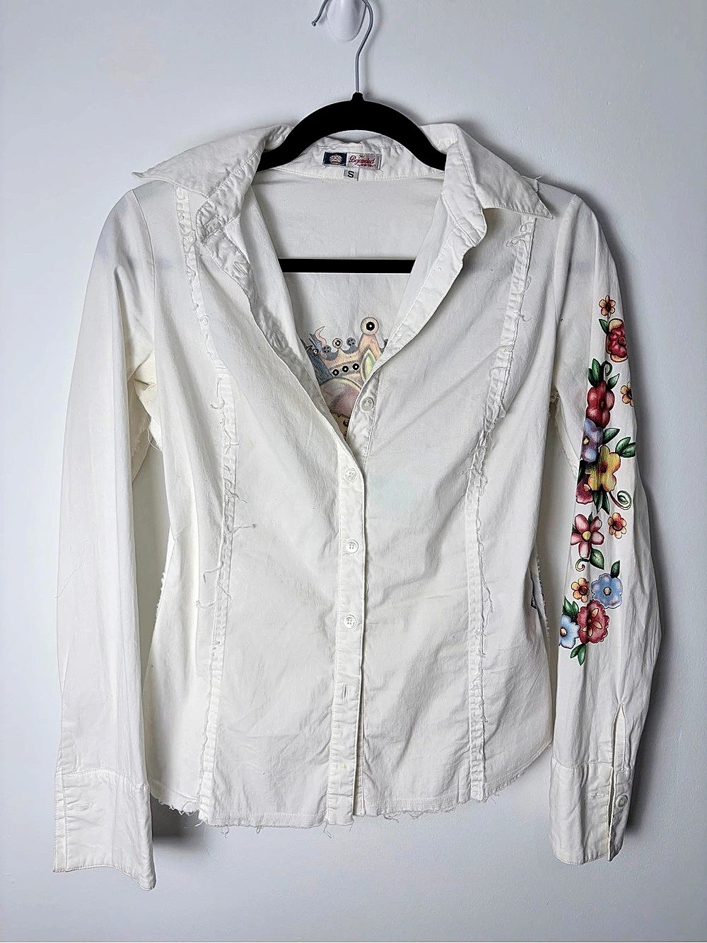 Bejeweled by Susan Fixel White Heart Tattoo Rhinestone Button Up Shirt S